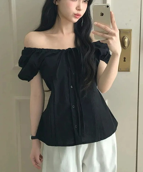 semuse(セミューズ)の「フロントリボンレース半袖パフスリーブトップス(Tシャツ/カットソー・レディース・ホワイト/ブラック・FREE)」の1枚目の写真