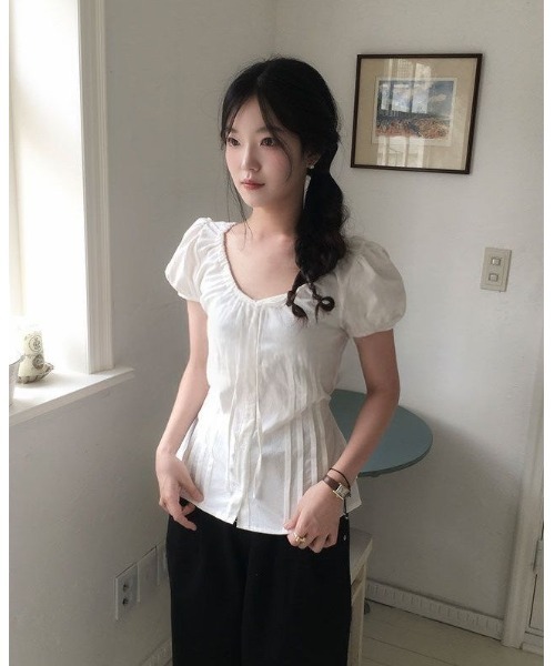 semuse(セミューズ)の「フロントリボンレース半袖パフスリーブトップス(Tシャツ/カットソー・レディース・ホワイト/ブラック・FREE)」の5枚目の写真