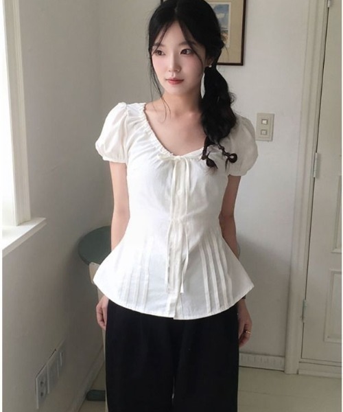 semuse(セミューズ)の「フロントリボンレース半袖パフスリーブトップス(Tシャツ/カットソー・レディース・ホワイト/ブラック・FREE)」の6枚目の写真