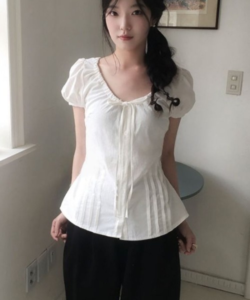 semuse(セミューズ)の「フロントリボンレース半袖パフスリーブトップス(Tシャツ/カットソー・レディース・ホワイト/ブラック・FREE)」の7枚目の写真