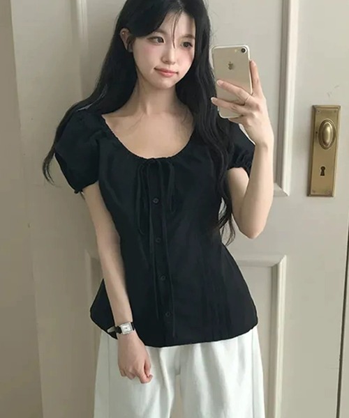 semuse(セミューズ)の「フロントリボンレース半袖パフスリーブトップス(Tシャツ/カットソー・レディース・ホワイト/ブラック・FREE)」の8枚目の写真