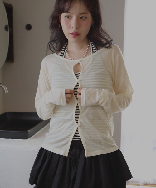 Mili affinity(ミリアフィニティー)の「シアーフライスデザインカーディガン(Tシャツ/カットソー・レディース・ターコイズブルー/ブラック/杢グレー/アイボリー/ブラウン・FREE)」の10枚目の写真