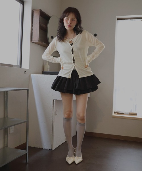 Mili affinity(ミリアフィニティー)の「シアーフライスデザインカーディガン(Tシャツ/カットソー・レディース・ターコイズブルー/ブラック/杢グレー/アイボリー/ブラウン・FREE)」の11枚目の写真
