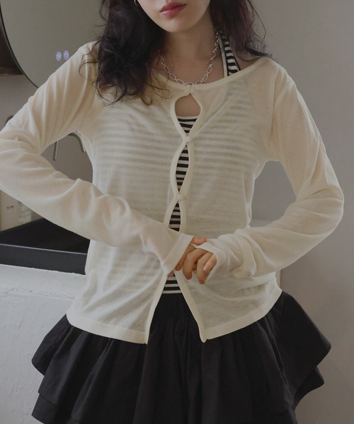 Mili affinity(ミリアフィニティー)の「シアーフライスデザインカーディガン(Tシャツ/カットソー・レディース・ターコイズブルー/ブラック/杢グレー/アイボリー/ブラウン・FREE)」の13枚目の写真
