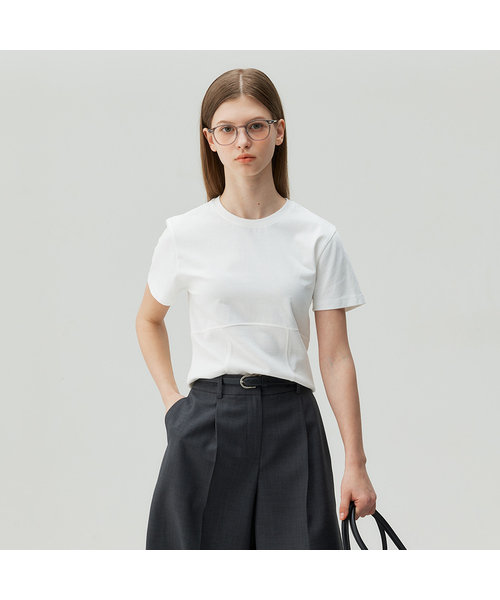 MIND BRIDGE WOMEN（マインドブリッジウーマン）の「[W]切り替え装飾クロップTシャツ - 2色（Tシャツ/カットソー・レディース・ホワイト/チャコール・55）」の2枚目の写真
