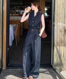 Vネックノースリーブ×ワイドパンツ デニムセットアップ