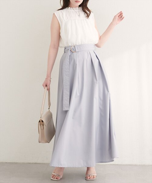 natural couture（ナチュラルクチュール）の「ウエストベルト付きタックスカート（スカート・レディース・チェック/ベージュ/ネイビー/サックスブルー・FREE）」の3枚目の写真
