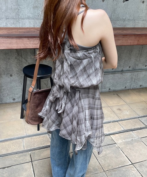 ROGER AND RAW(ロジャーアンドロウ)の「チェック シフォンホルターネックチュニック(シャツ/ブラウス・レディース・ブラック/グレー/ブラウン・FREE)」の8枚目の写真