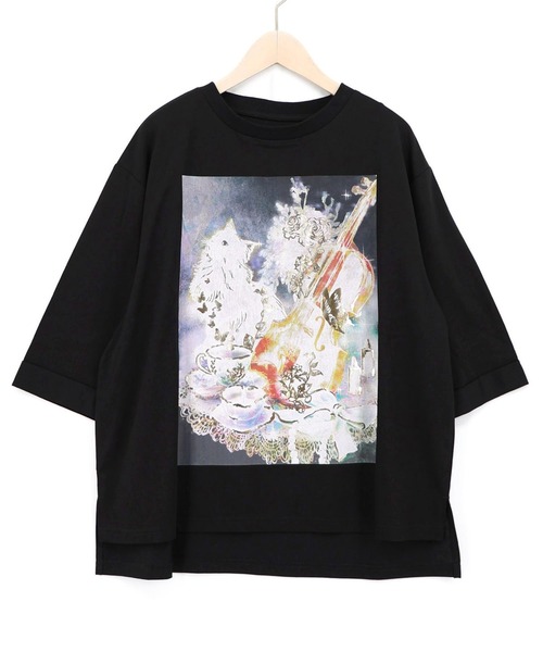 ScoLar(スカラー)の「ScoLar(スカラー) ネコと音楽のお茶会 箔プリント入りTシャツ(Tシャツ/カットソー・レディース・ブラック/ブラウン/アイボリー・MEDIUM)」の2枚目の写真