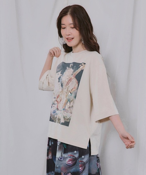 ScoLar(スカラー)の「ScoLar(スカラー) ネコと音楽のお茶会 箔プリント入りTシャツ(Tシャツ/カットソー・レディース・ブラック/ブラウン/アイボリー・MEDIUM)」の15枚目の写真
