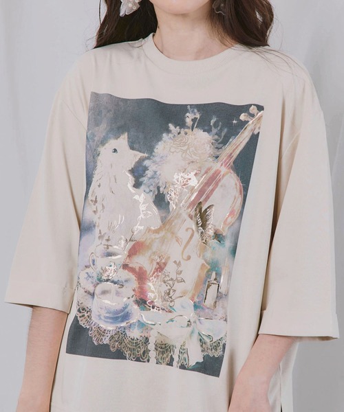 ScoLar(スカラー)の「ScoLar(スカラー) ネコと音楽のお茶会 箔プリント入りTシャツ(Tシャツ/カットソー・レディース・ブラック/ブラウン/アイボリー・MEDIUM)」の17枚目の写真