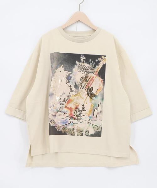 ScoLar(スカラー)の「ScoLar(スカラー) ネコと音楽のお茶会 箔プリント入りTシャツ(Tシャツ/カットソー・レディース・ブラック/ブラウン/アイボリー・MEDIUM)」の20枚目の写真