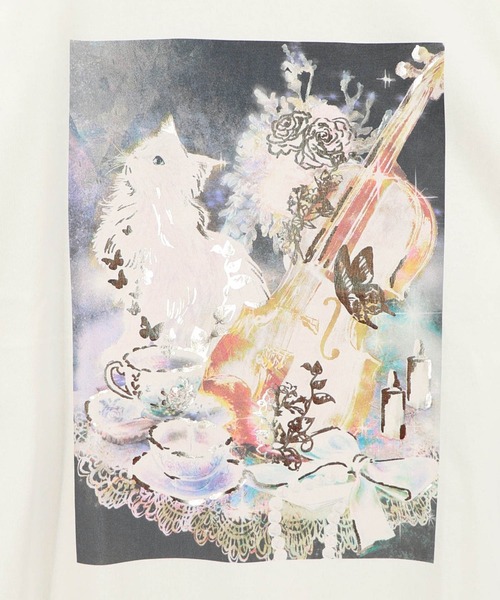 ScoLar(スカラー)の「ScoLar(スカラー) ネコと音楽のお茶会 箔プリント入りTシャツ(Tシャツ/カットソー・レディース・ブラック/ブラウン/アイボリー・MEDIUM)」の9枚目の写真