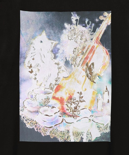 ScoLar(スカラー)の「ScoLar(スカラー) ネコと音楽のお茶会 箔プリント入りTシャツ(Tシャツ/カットソー・レディース・ブラック/ブラウン/アイボリー・MEDIUM)」の11枚目の写真