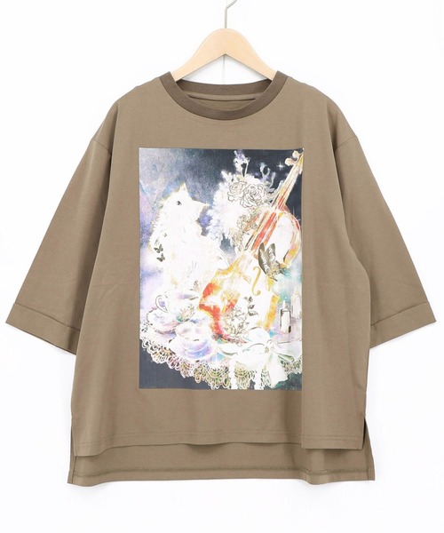 ScoLar(スカラー)の「ScoLar(スカラー) ネコと音楽のお茶会 箔プリント入りTシャツ(Tシャツ/カットソー・レディース・ブラック/ブラウン/アイボリー・MEDIUM)」の12枚目の写真