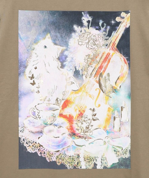 ScoLar(スカラー)の「ScoLar(スカラー) ネコと音楽のお茶会 箔プリント入りTシャツ(Tシャツ/カットソー・レディース・ブラック/ブラウン/アイボリー・MEDIUM)」の13枚目の写真