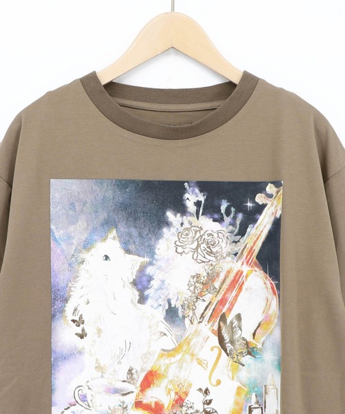 ScoLar(スカラー)の「ScoLar(スカラー) ネコと音楽のお茶会 箔プリント入りTシャツ(Tシャツ/カットソー・レディース・ブラック/ブラウン/アイボリー・MEDIUM)」の14枚目の写真