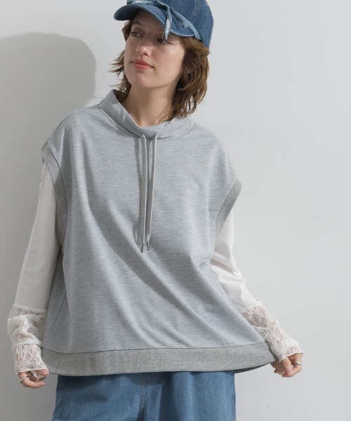 le colis(ルコリ)の「ミニ裏毛 スタンドカラーベスト(Tシャツ/カットソー・レディース・ブラウン/ブラック/杢グレー・FREE)」の4枚目の写真