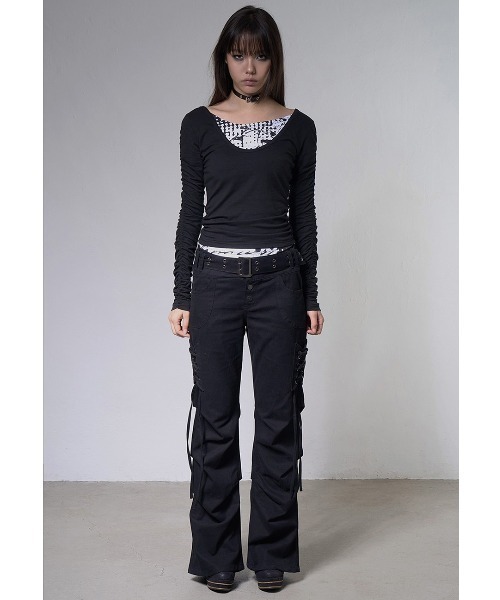FANCY CLUB(ファンシークラブ)の「A'GEM/9 × .kom 『FANCY CLUB/ファンシークラブ』 BELTED FLARE SHIRRING PANTS/ベルテッドフレアシャーリングパンツ(その他パンツ・レディース・ブラック/ベージュ・1/2)」の6枚目の写真