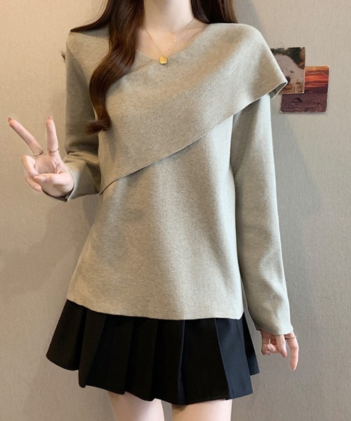ONEP STAR(ワンピスター)の「アシメネックデザイン長袖リブニットセーター(ニット/セーター・レディース・ベージュ/ブラック・LARGE)」の4枚目の写真