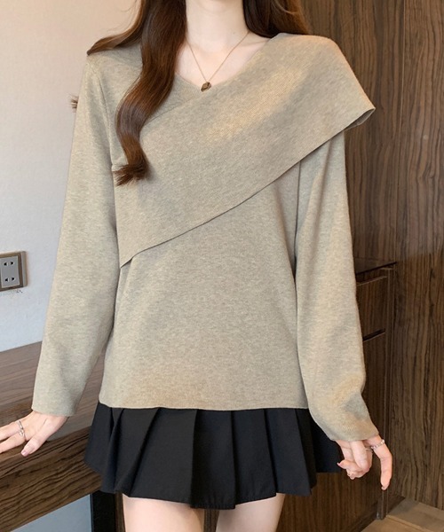 ONEP STAR(ワンピスター)の「アシメネックデザイン長袖リブニットセーター(ニット/セーター・レディース・ベージュ/ブラック・LARGE)」の6枚目の写真