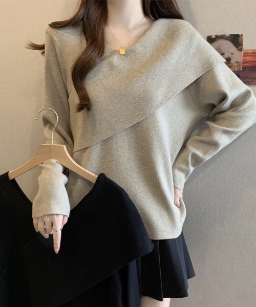 ONEP STAR(ワンピスター)の「アシメネックデザイン長袖リブニットセーター(ニット/セーター・レディース・ベージュ/ブラック・LARGE)」の8枚目の写真