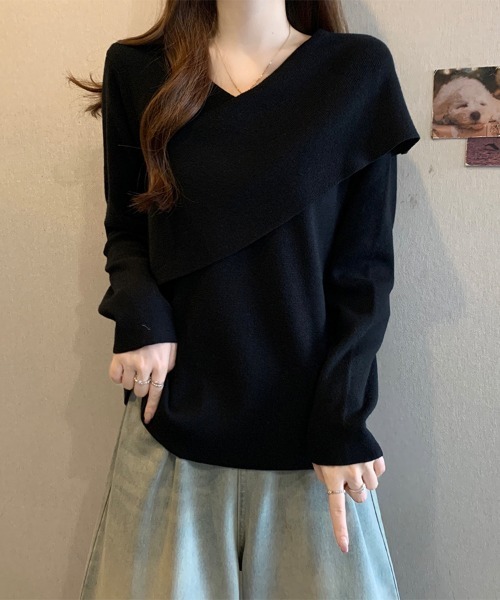 ONEP STAR(ワンピスター)の「アシメネックデザイン長袖リブニットセーター(ニット/セーター・レディース・ベージュ/ブラック・LARGE)」の11枚目の写真