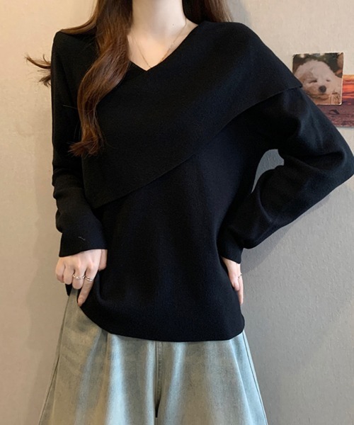 ONEP STAR(ワンピスター)の「アシメネックデザイン長袖リブニットセーター(ニット/セーター・レディース・ベージュ/ブラック・LARGE)」の12枚目の写真