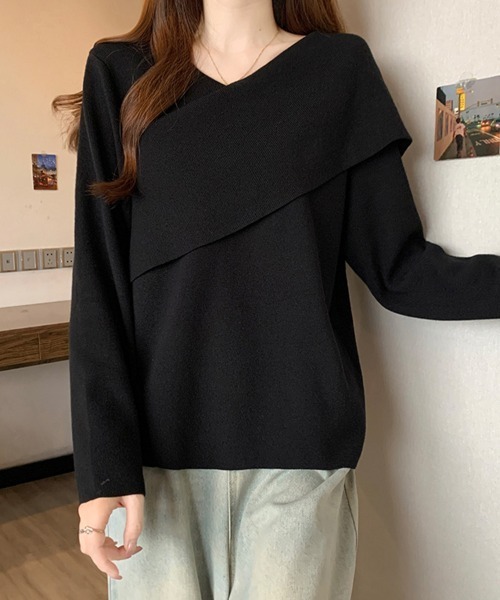 ONEP STAR(ワンピスター)の「アシメネックデザイン長袖リブニットセーター(ニット/セーター・レディース・ベージュ/ブラック・LARGE)」の13枚目の写真