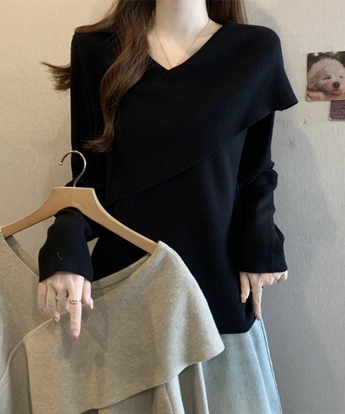 ONEP STAR(ワンピスター)の「アシメネックデザイン長袖リブニットセーター(ニット/セーター・レディース・ベージュ/ブラック・LARGE)」の17枚目の写真
