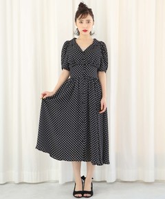 セール】ポルカドット ベルテッド クレープ ドレス（ワンピース