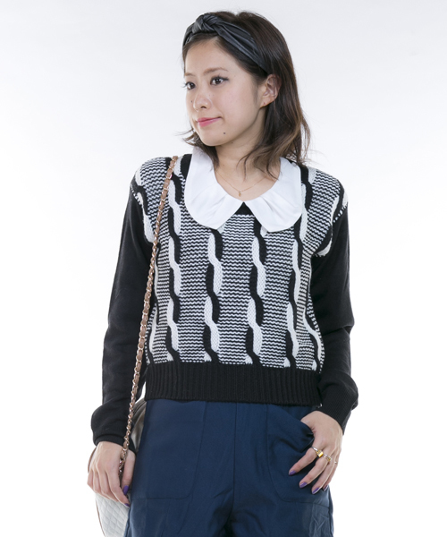 mystic（ミスティック）の「ケーブル2トーンプルオーバー（ニット/セーター・レディース・キャメル/ブラック/グレー・ﾌﾘ-）」の2枚目の写真