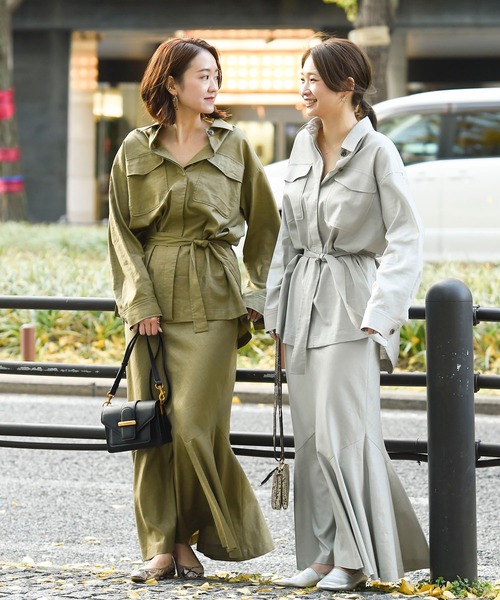 DouDou（ドゥドゥ）の「セットアップリネンストレッチフレアスカート（スカート・レディース・グレー/カーキ/ラベンダー・36/38）」の4枚目の写真