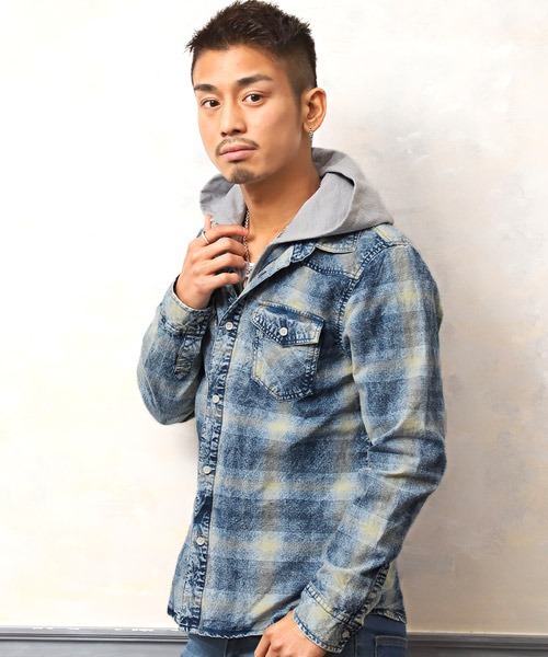 LUXSTYLE(ラグスタイル)の「インディゴチェックフェイクフードジャケット(その他アウター)」|ブルー