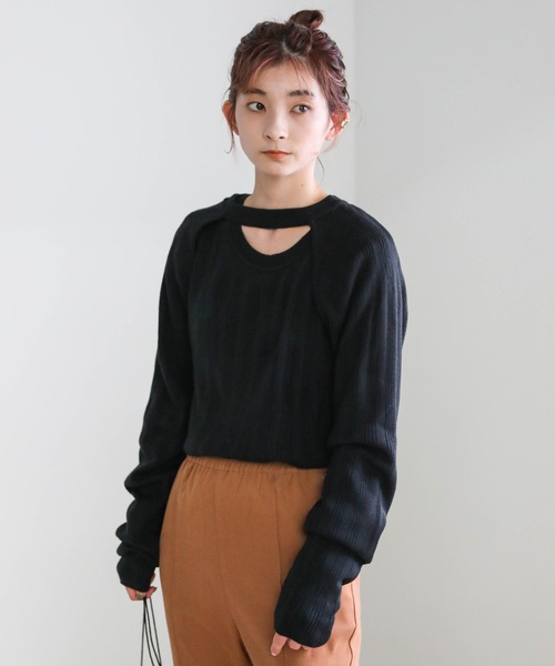 select MOCA(セレクトモカ)の「2020 A/W 2wayバックリボンリブニット/ラウンドネックつけ袖レイヤードトップス(ニット/セーター)」|ブラック