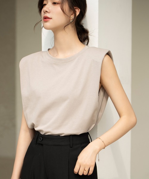 【綿100％】ワイドシルエットパワーショルダーノースリーブカットソー