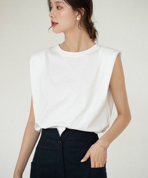 【綿100％】ワイドシルエットパワーショルダーノースリーブカットソー