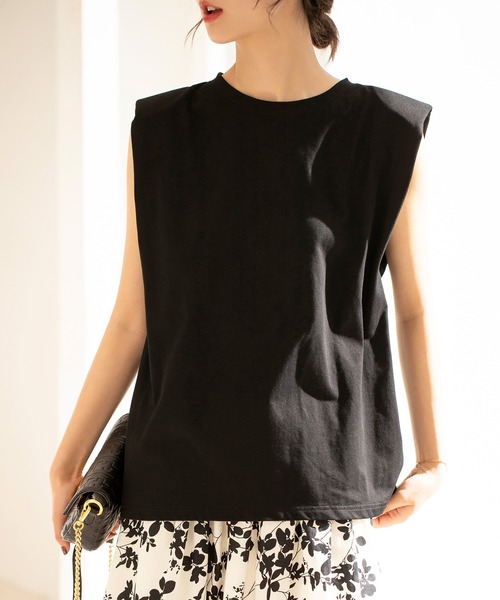 【綿100％】ワイドシルエットパワーショルダーノースリーブカットソー
