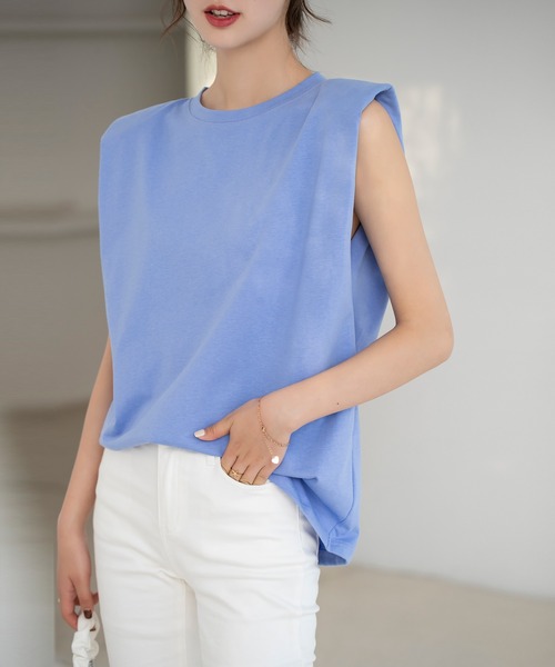 【綿100％】ワイドシルエットパワーショルダーノースリーブカットソー