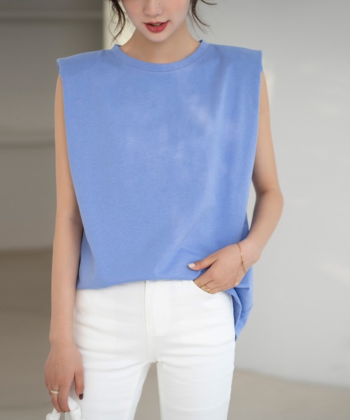 【綿100％】ワイドシルエットパワーショルダーノースリーブカットソー