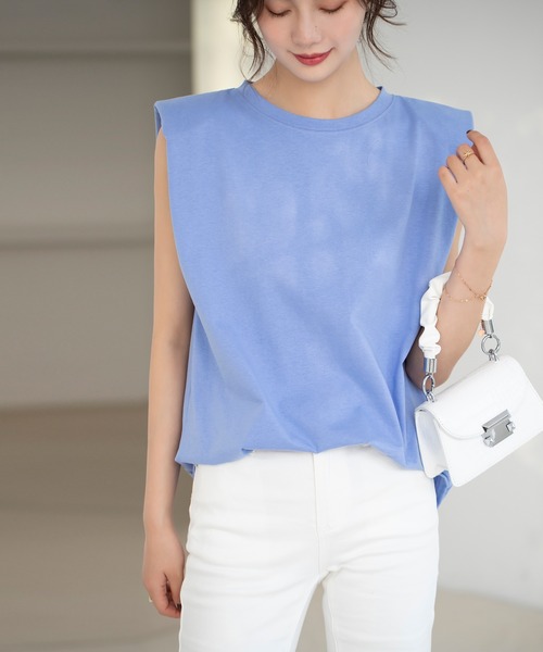 【綿100％】ワイドシルエットパワーショルダーノースリーブカットソー