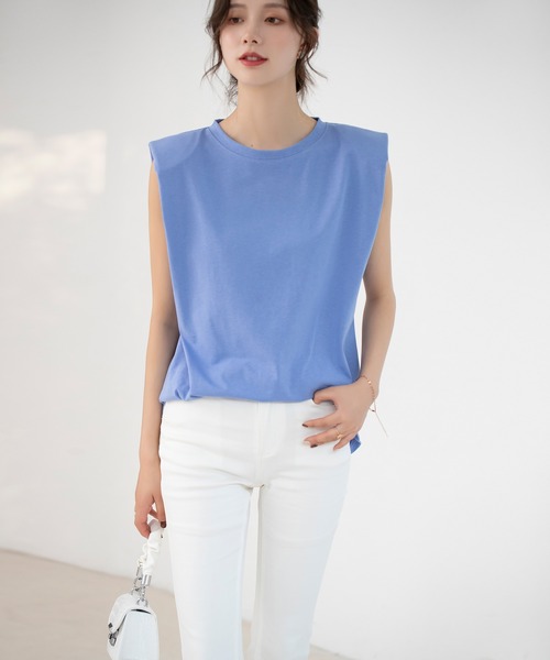 【綿100％】ワイドシルエットパワーショルダーノースリーブカットソー