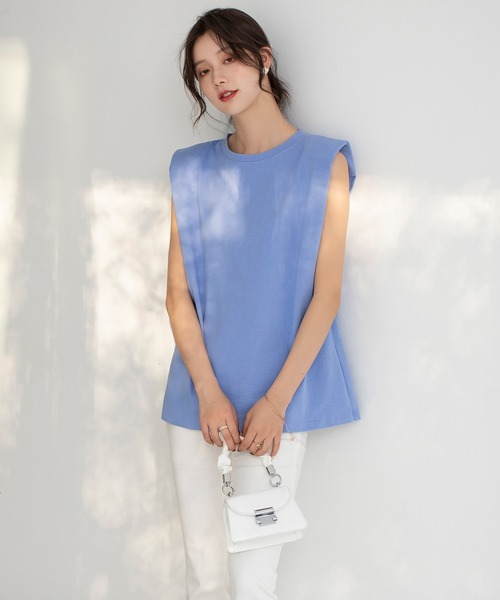 【綿100％】ワイドシルエットパワーショルダーノースリーブカットソー