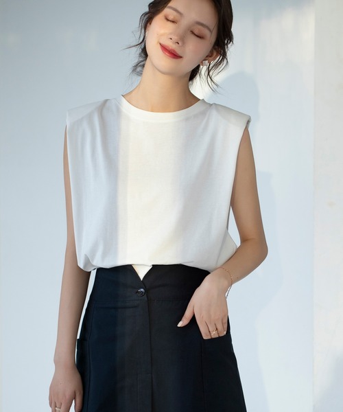 【綿100％】ワイドシルエットパワーショルダーノースリーブカットソー