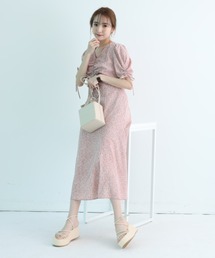 Rirandture シャーリングプリーツワンピース　花柄　ロングワンピ　ピンク Rirandture シャーリングプリーツワンピース 花柄 ロングワンピ