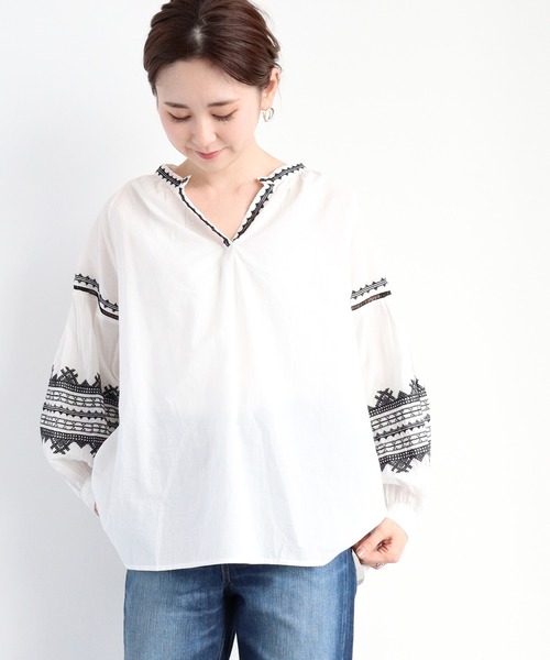 AMERICAN HOLIC（アメリカンホリック）の「デザインスリーブスキッパーシャツ（シャツ/ブラウス・レディース・ブラック/オフホワイト・FREE）」の2枚目の写真