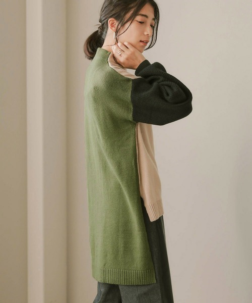 Bou Jeloud（ブージュルード）の「配色前後差ニットチュニック（ニット/セーター・レディース・ベージュ/オリーブ/キャメル・FREE）」の2枚目の写真