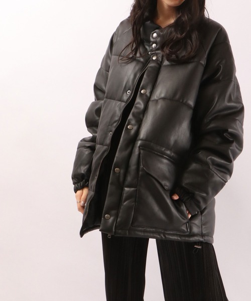SUGGESTION(サジェッション)の「【SUGGESTION】PU/フェイクレザー中綿スタンドブルゾン(ダウンジャケット/コート・メンズ・ブラック/キャメル・M/L/XL)」の6枚目の写真