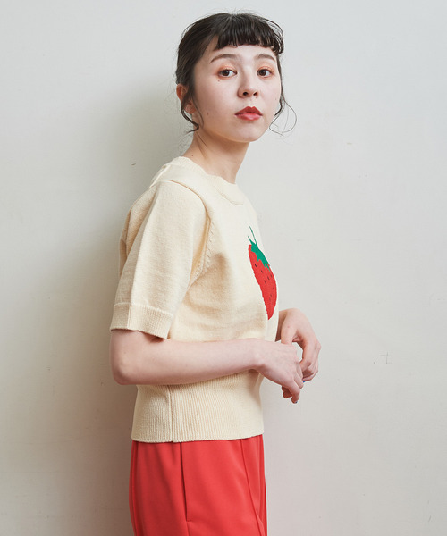 CHILD WOMAN（チャイルドウーマン）の「綿リリヤンいちごインターシャ半袖プルオーバー（ニット/セーター・レディース・ピンク/アイボリー/ネイビー・FREE）」の8枚目の写真