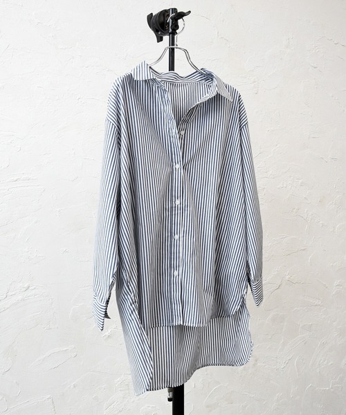sango（sango）の「ストライプ柄ビッグシャツ（シャツ/ブラウス・レディース・ネイビー/グリーン・FREE）」の3枚目の写真